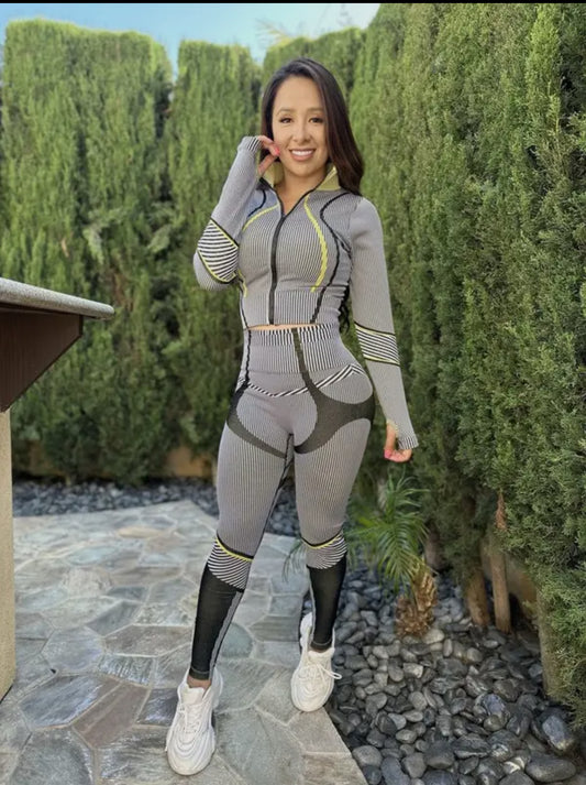 Striped crop jacket and legging fitness set